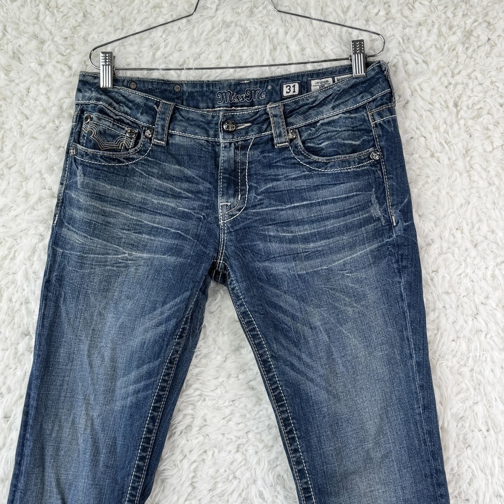 Miss Me Jeans Size 31 Blue Bootcut Distressed Rhinestone Cowhide Pocket Y2K FLAW - Picture 10 of 12